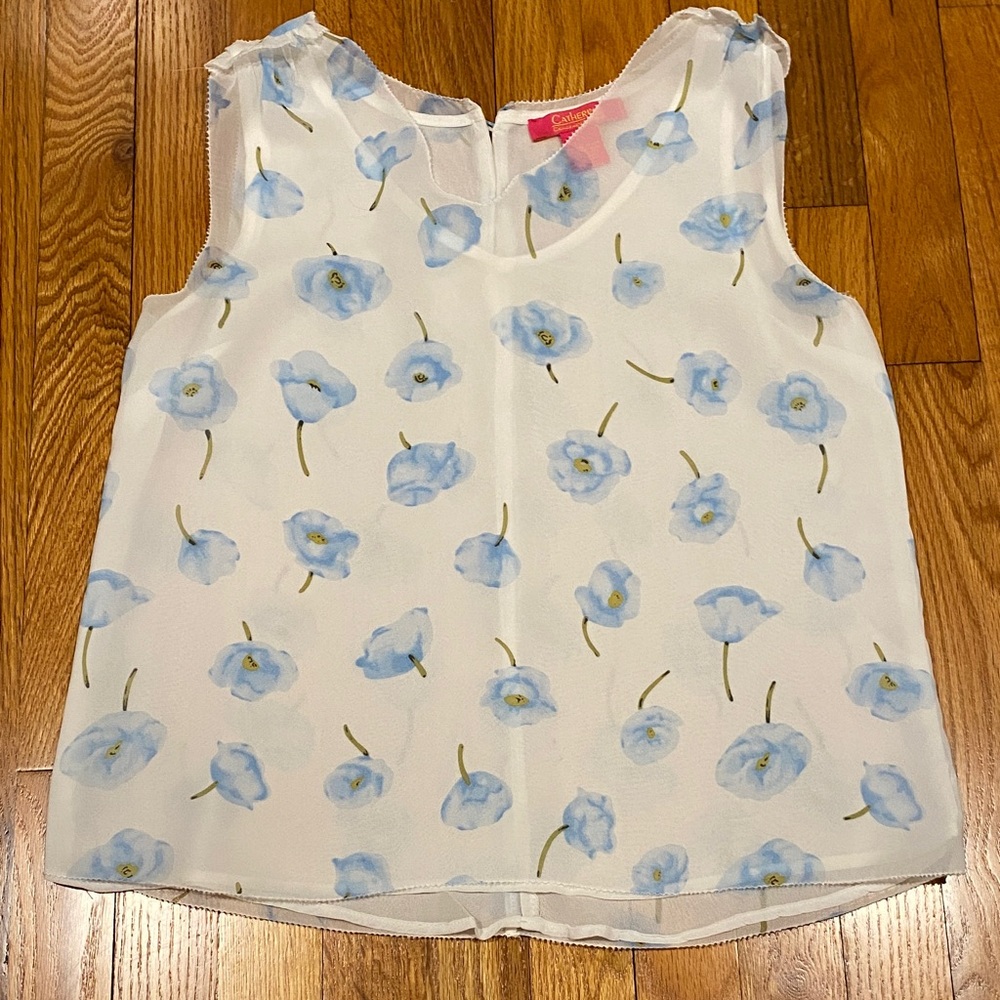 Blue Floral Sleeveless White Blouse